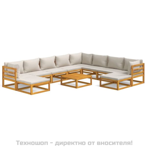 Градински комплект със светлосиви възглавници, 11 части, масив