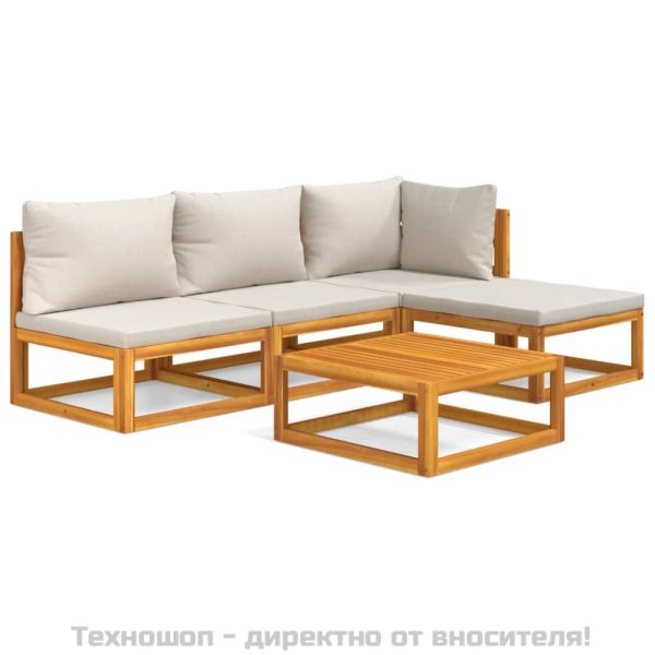 Градински комплект със светлосиви възглавници, 5 части, масив