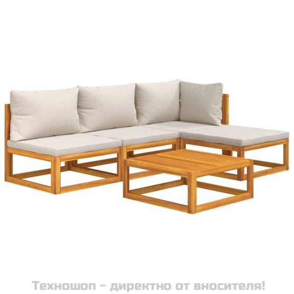 Градински комплект със светлосиви възглавници, 5 части, масив