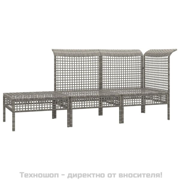 Градински лаундж комплект с възглавници 3 части сив полиратан