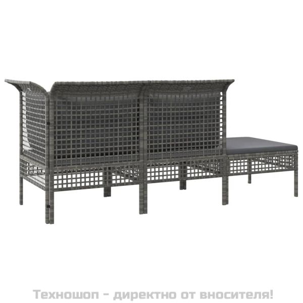 Градински лаундж комплект с възглавници 3 части сив полиратан