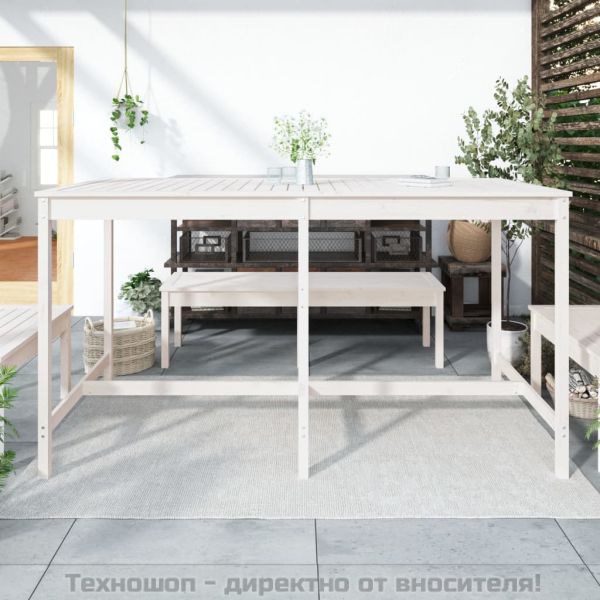 Градинска маса, бяла, 203,5x90x110 см, борово дърво масив