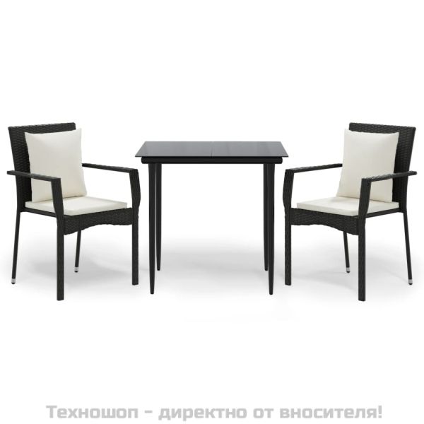 Градински комплект от 3 части с възглавници черни полиратан