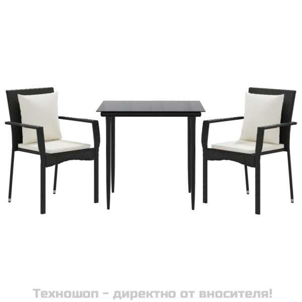 Градински комплект от 3 части с възглавници черни полиратан