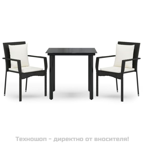 Градински комплект от 3 части с възглавници черни полиратан