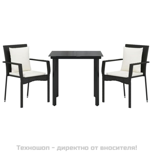 Градински комплект от 3 части с възглавници черни полиратан