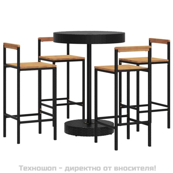 Градински бар комплект 5 части черен полиратан и акация масив