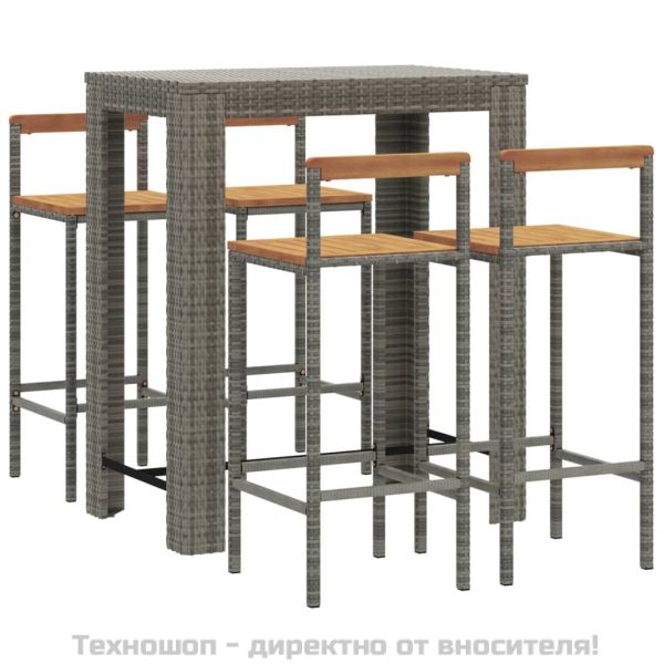 Градински бар комплект 5 части сив полиратан и акация масив
