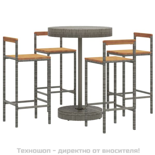 Градински бар комплект 5 части сив полиратан и акация масив