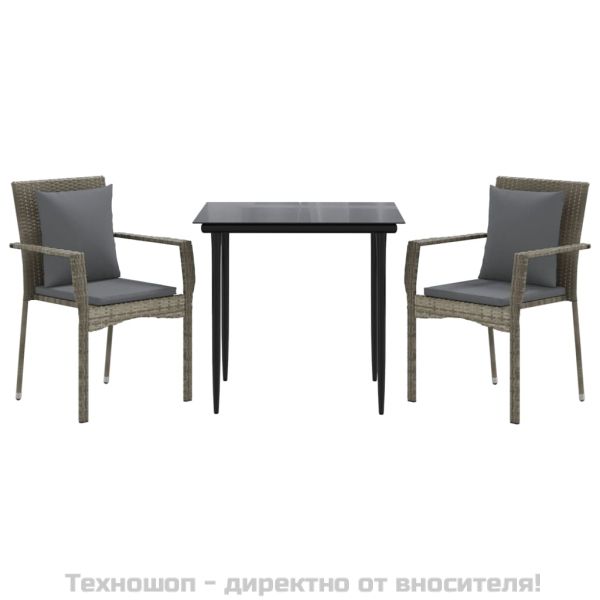Градински трапезен комплект 3 части с възглавници сив полиратан