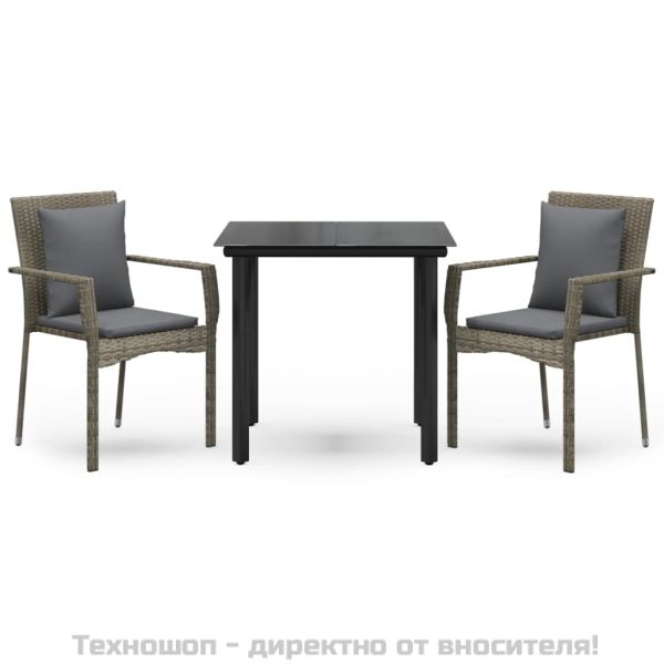 Градински трапезен комплект 3 части с възглавници сив полиратан