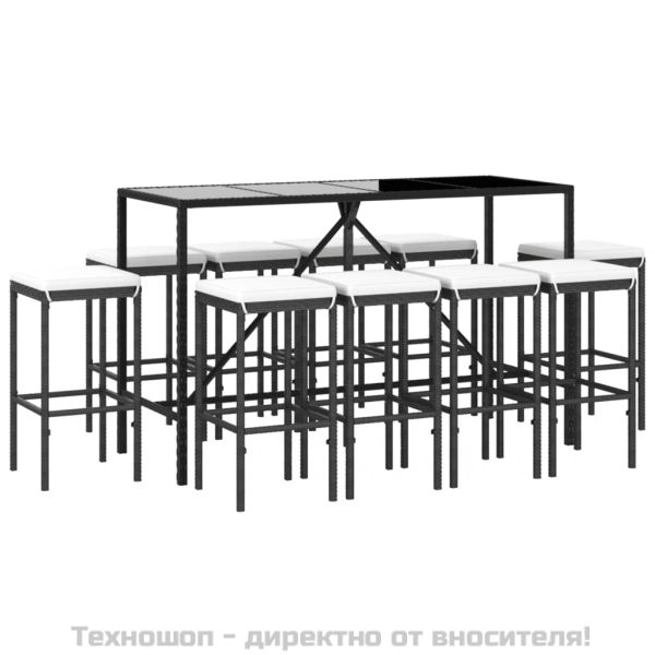 Градински бар комплект с възглавници 11 части черен полиратан
