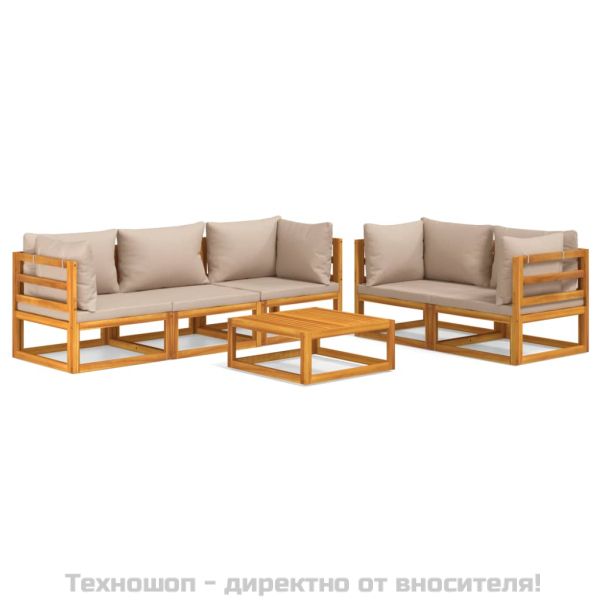 Градински комплект с възглавници таупе, 6 части, дърво масив