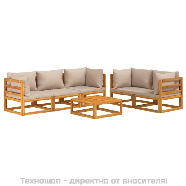 Градински комплект с възглавници таупе, 6 части, дърво масив