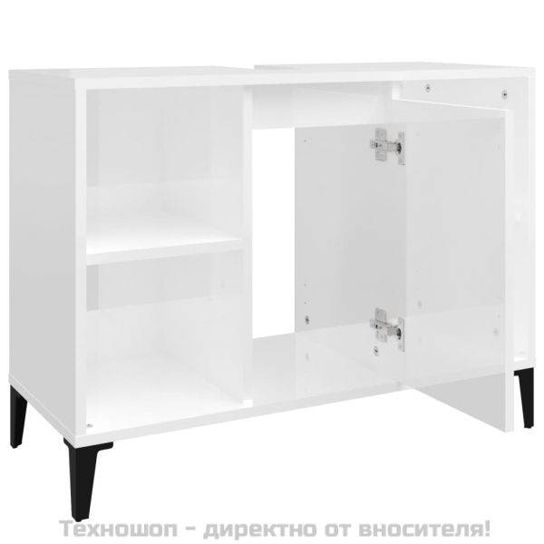 Шкаф за мивка, бял гланц, 80x33x60 см, инженерно дърво