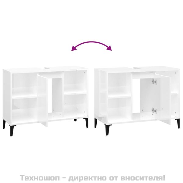Шкаф за мивка, бял гланц, 80x33x60 см, инженерно дърво