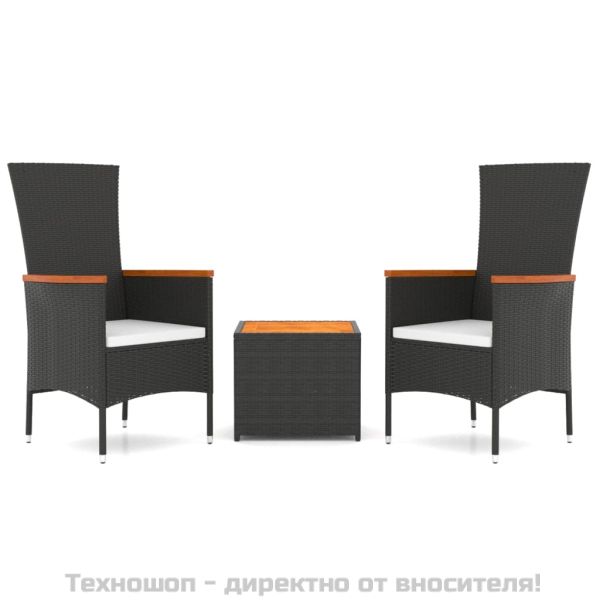 Градински лаундж комплект 3 части черен полиратан/акация масив