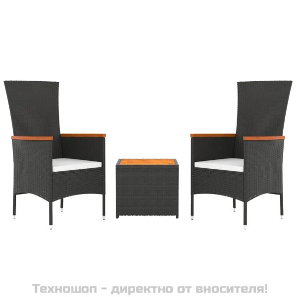 Градински лаундж комплект 3 части черен полиратан/акация масив