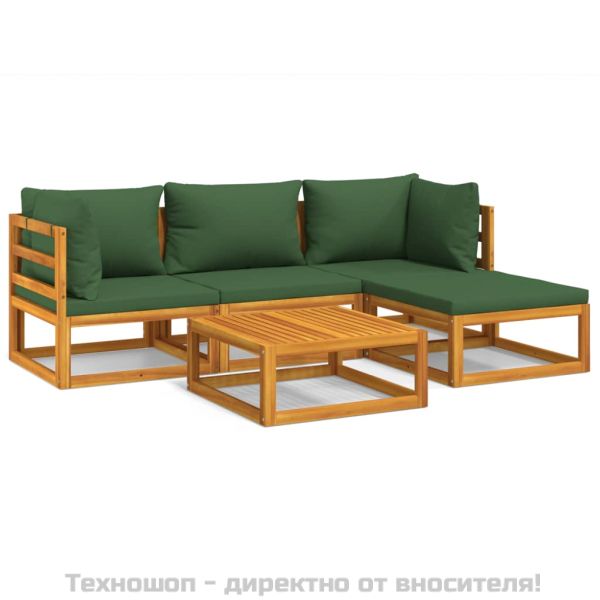 Градински комплект със зелени възглавници, 5 части, дърво масив