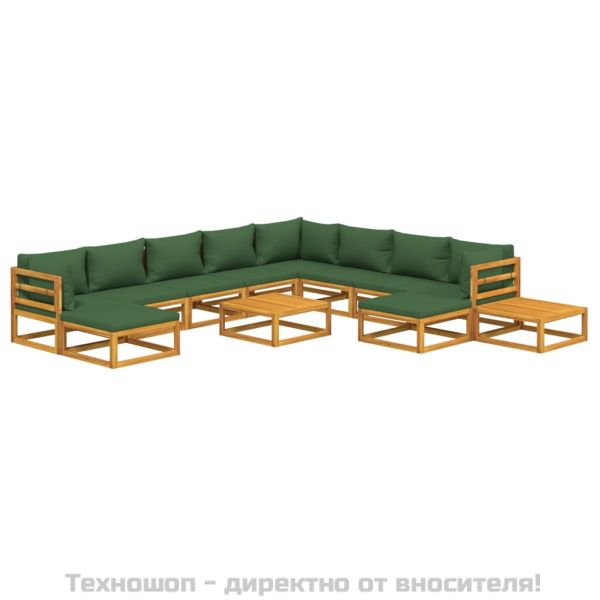 Градински комплект със зелени възглавници, 12части, дърво масив