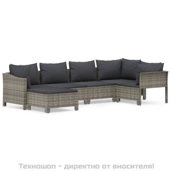 Градински комплект с възглавници, 6 части, полиратан, сив