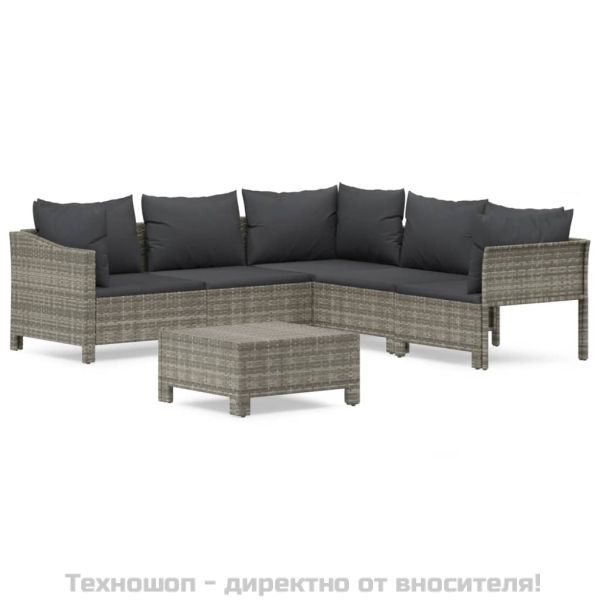 Градински комплект с възглавници, 6 части, полиратан, сив