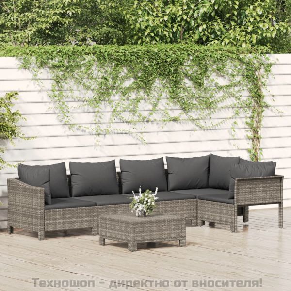 Градински комплект с възглавници, 6 части, полиратан, сив