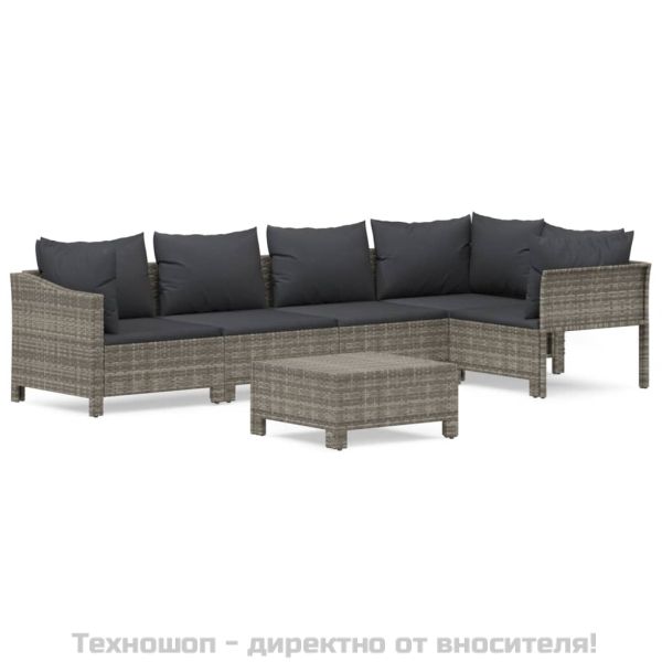 Градински комплект с възглавници, 6 части, полиратан, сив