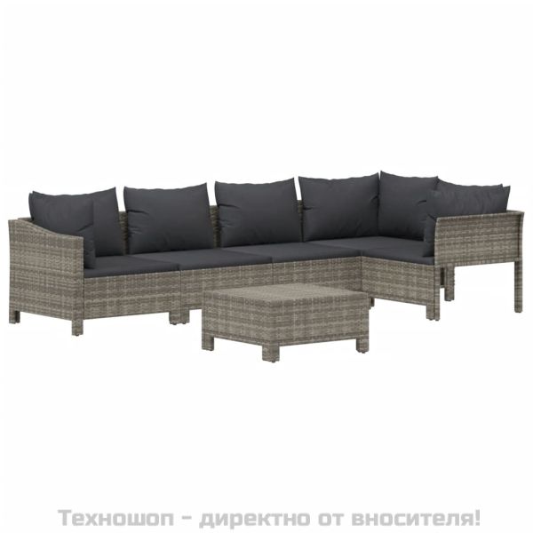 Градински комплект с възглавници, 6 части, полиратан, сив