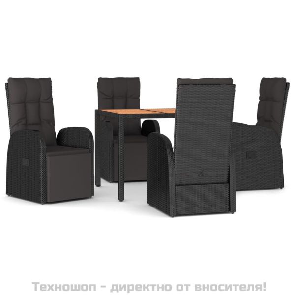 Градински трапезен комплект, 5 части, черен, полиратан и акация