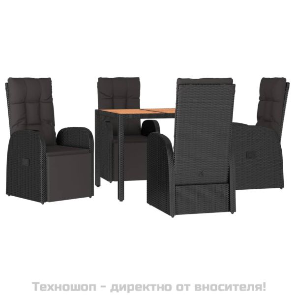 Градински трапезен комплект, 5 части, черен, полиратан и акация