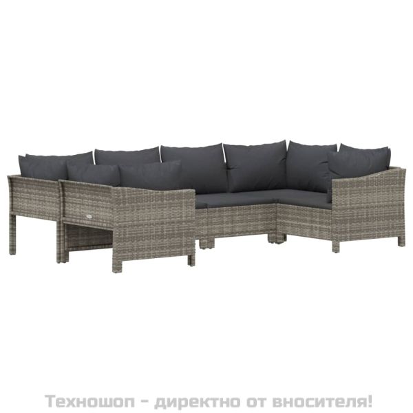 Градински комплект с възглавници, 6 части, полиратан, сив