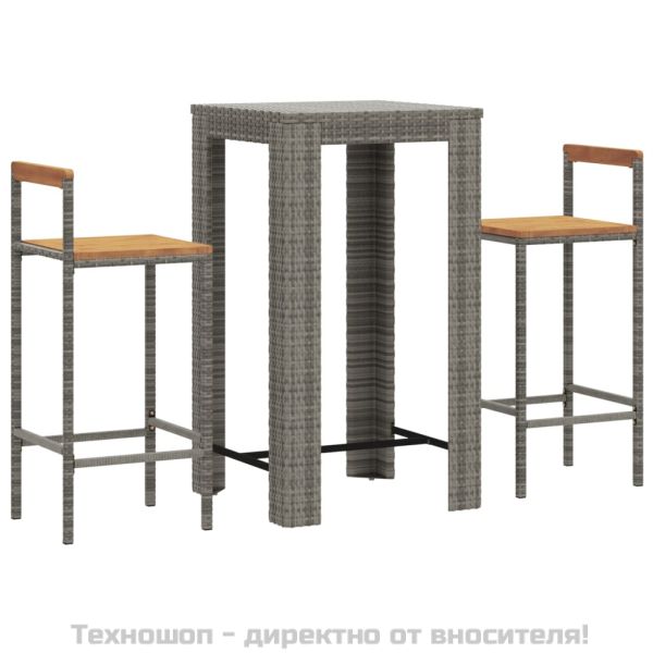 Градински бар комплект 3 части сив полиратан и акация масив
