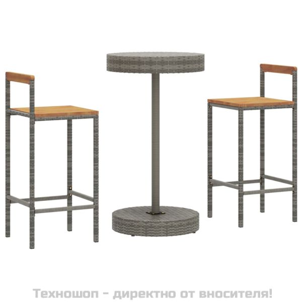 Градински бар комплект 3 части сив полиратан и акация масив