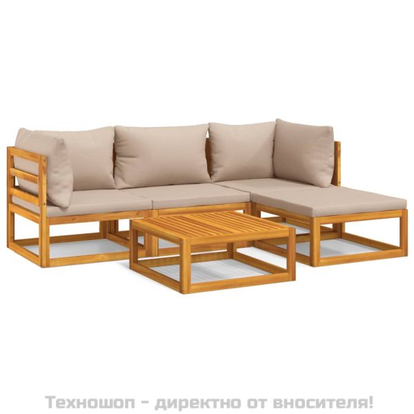 Градински комплект с възглавници таупе, 5 части, дърво масив
