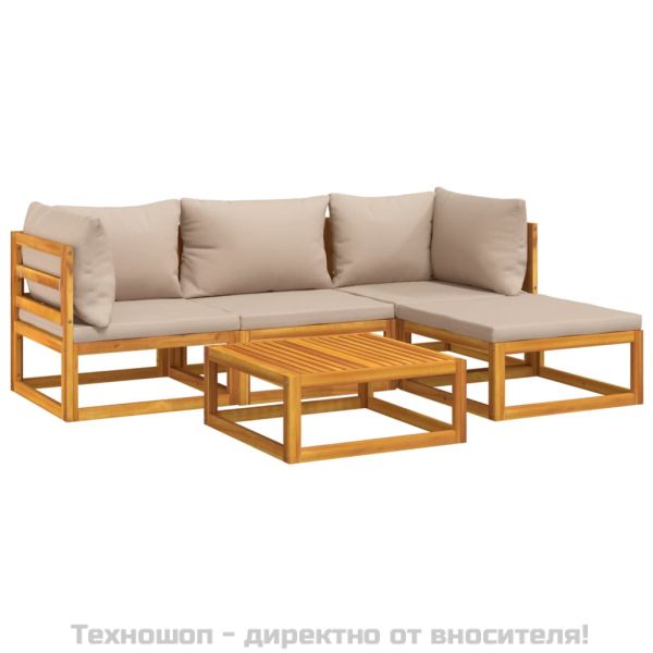 Градински комплект с възглавници таупе, 5 части, дърво масив