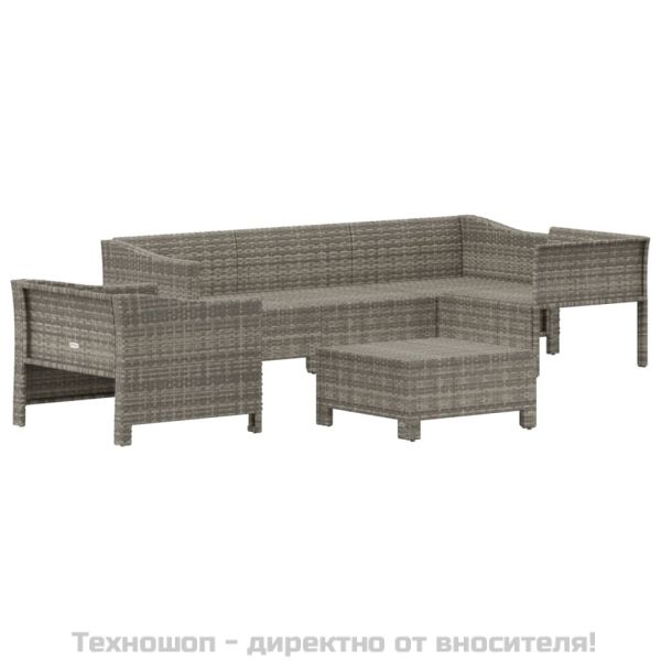 Градински комплект с възглавници, 6 части, полиратан, сив