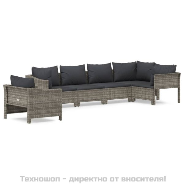 Градински комплект с възглавници, 6 части, полиратан, сив