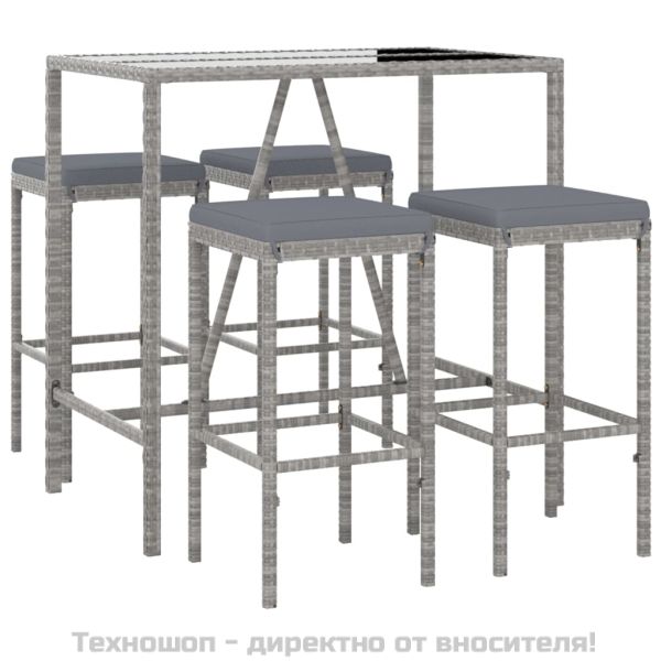 Градински бар комплект с възглавници 5 части сив полиратан