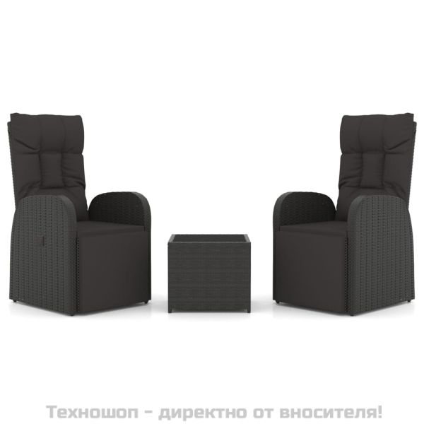 Градински лаундж комплект от 3 части черен полиратан и стомана