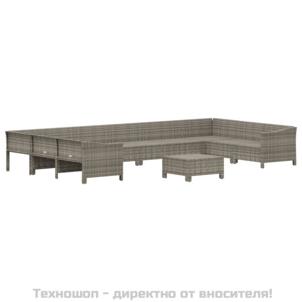 Градински комплект с възглавници, 11 части, сив, полиратан
