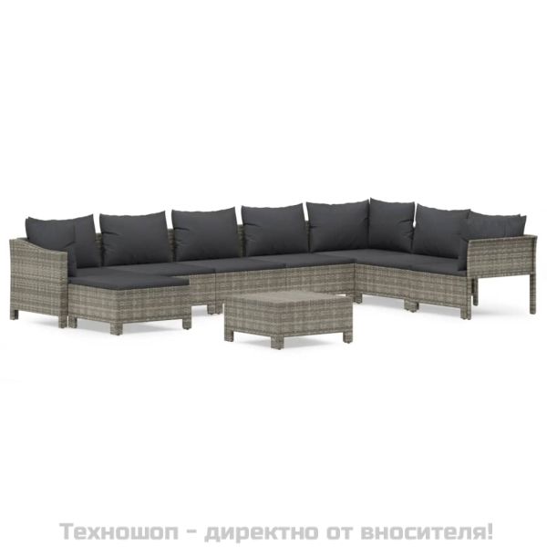 Градински лаундж комплект с възглавници 9 части сив полиратан