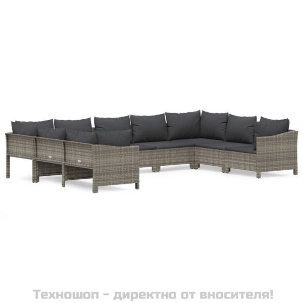 Градински лаундж комплект с възглавници 9 части сив полиратан