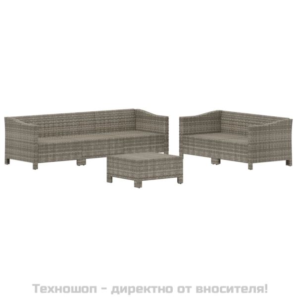 Градински комплект с възглавници, 6 части, полиратан, сив