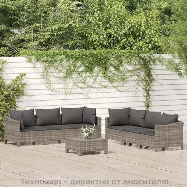 Градински лаундж комплект с възглавници 7 части полиратан сив