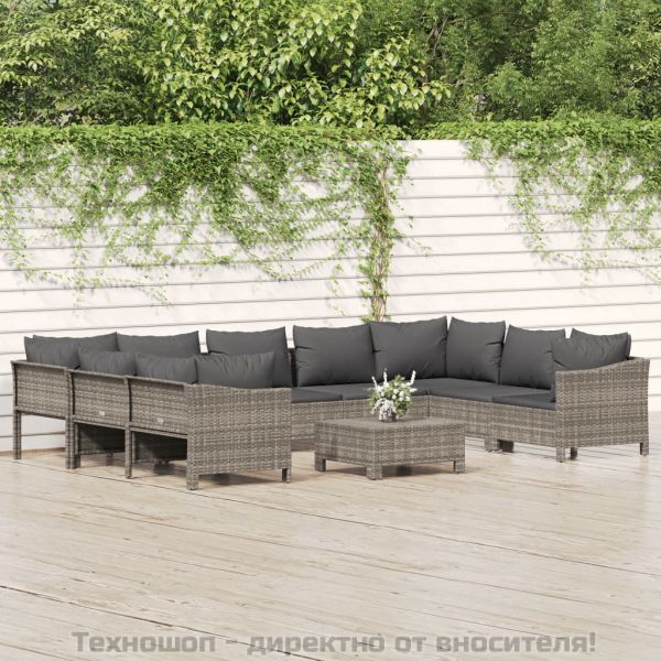 Градински комплект с възглавници, 10 части, сив, полиратан