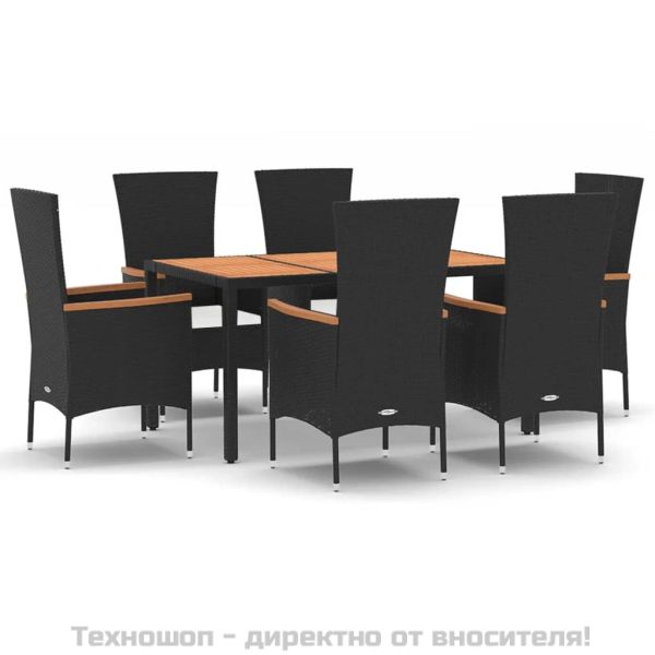 Градински трапезен комплект 7 части възглавници черен полиратан