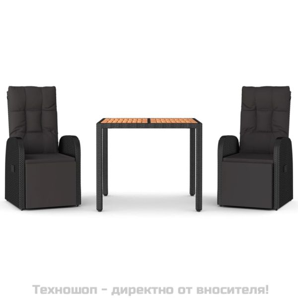 Градински трапезен комплект, 3 части, черен, полиратан и акация