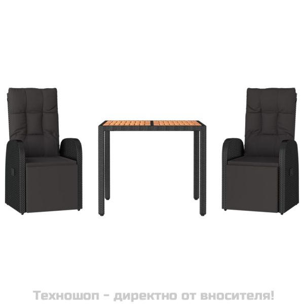 Градински трапезен комплект, 3 части, черен, полиратан и акация