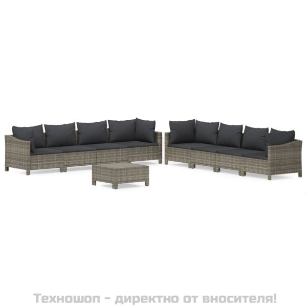 Градински лаундж комплект с възглавници 9 части сив полиратан